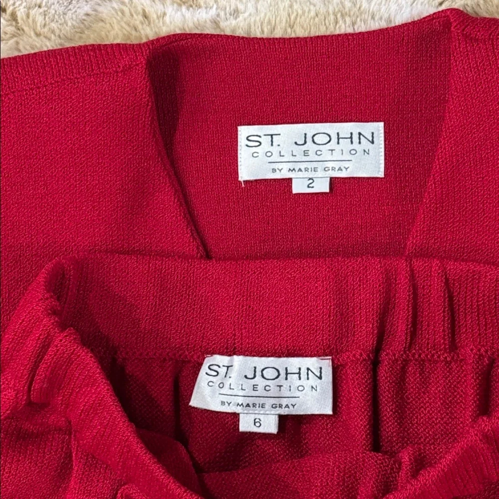 NWT St. JOHN Two Piece Suit Jacket 2 Skirt 6 ~ Red w/Gold Hardware Santana Knit - Picture 16 of 17